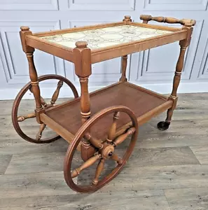 Vintage Retro Drinks Trolley – 2 Tier Tile Top - Wooden Bar Table Tea Dutch Cart - Picture 1 of 24