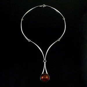 N.E. Aus - Dänemark. Sterling Silber Halskette mit Bernstein. 60er Jahre - Bild 1 von 5