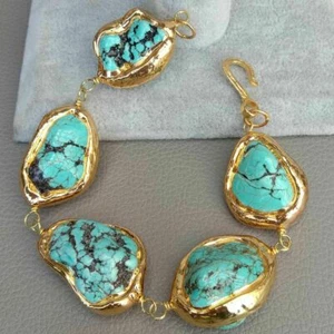 Blue Turquoise 24K Yellow Gold Plated Bracelet 9'' - Picture 1 of 9