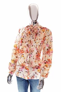 NPC Fashions Vintage Multi-Color Floral Bow Tie Blusa con mangas largas Grande - Imagen 1 de 4
