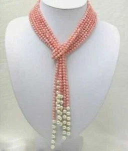 AAA 50 " Beautiful 3 Strands Natural 4mm Pink Coral Freshwater Pearl Necklace - Picture 1 of 12