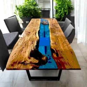 Rectangle Blue Resin Dining Table Natural Live Edge Wood Countertop Furniture - Picture 1 of 9