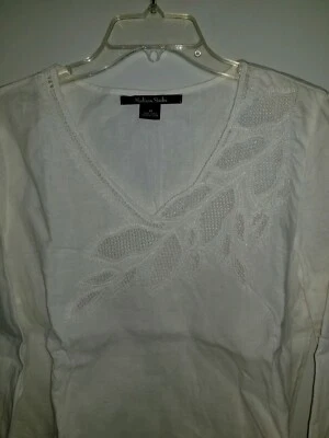 Blusa boho para mujer Madison Studio Top cuello en V blanca 100 % lino talla 10 TB10 Foto 1 de 4