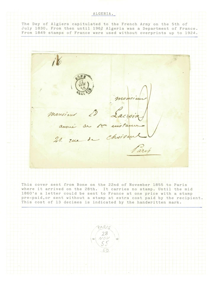 ALGERIA-COVERS-1855-sent from Bone on 22 November to Paris arriving on the 28th - Image 1 of 1