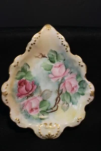 Vintage Limoges France - Leaf Shaped Candy Dish with Pink Roses Gold Trim - Picture 1 of 5