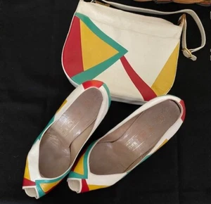Bruno Magli Vintage Handbag and Peep Heels SZ10b Retro Block matched set Leather - Picture 1 of 14
