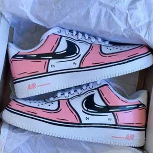 Nike Air Force 1 Custom Low Cartoon Pink Shoes White Black Outline Mens Womens - Picture 1 of 12