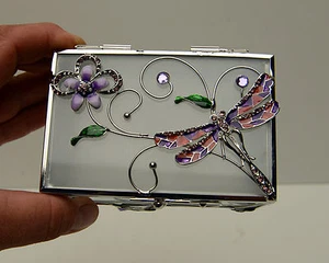 Scatola portagioie drago mosca fiore vetro viola e rosa - Foto 1 di 5