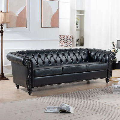 84" PU Leather 3-Seater Chesterfield Button Tufted Sofa Couch Living Room Black - Image 1 of 4