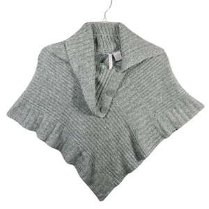 Gray Knit Poncho Sweater Cape with Button Collar and Ribbed Details Women Medium - Picture 1 of 4