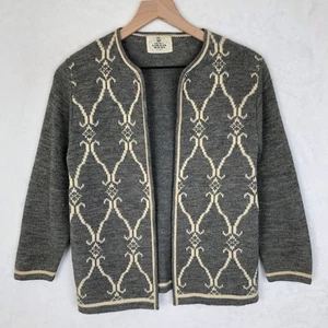 Vintage 100% Schurwolle Strickjacke Pullover Gr. S grau creme vorne offen 3/4 Arm - Bild 1 von 6