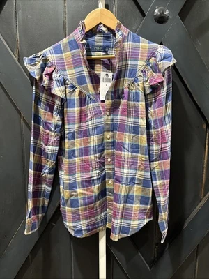 Polo Ralph Lauren Ruffle Trim Plaid Button Down Shirt L/S Women’s Size 2 - NWT - Image 1 of 4