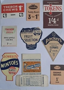 9 x Rare vtg Sweet shop Confectionary labels - TREBOR ROWNTREE LOVELL PACKERS + - Picture 1 of 11