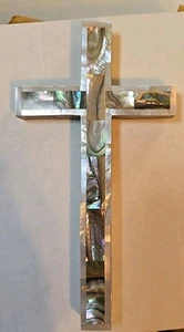 Vintage Holzkreuz mit Intarsien irisierend Muschel Design Wandbehang 6" hoch - Bild 1 von 7