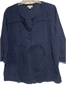 Camisa J Jill Mujer Pequeña Azul Gauzy Plisada Dividido Cuello en V Popover Manga Larga - Imagen 1 de 7