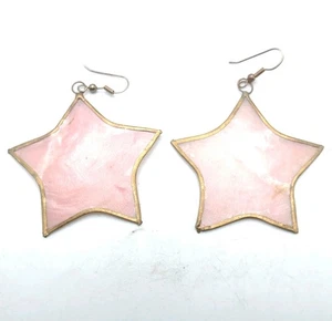 Capiz Muschel Ohrringe rosa Sterne in Gold umrandet 2,5" Küste Strand Maritim - Bild 1 von 7