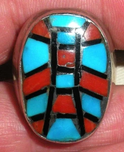 VINTAGE NAVAJO TURQUOISE CORAL ONYX INLAY STERLING SILVER RING SIZE 10 vafo - Picture 1 of 8