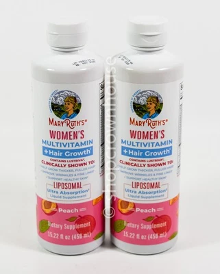 11/2025 ~ 2 Mary Ruths WOMENS MultiVitamin +HAIR GROWTH 15.22oz Liposomal PEACH - Image 1 of 4