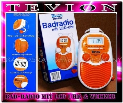 TEVION MAGNUM MEDION Tevion BDR 200 Mobile Badradio LCD Display Wand Duschradio Uhr Orange Weis Radio