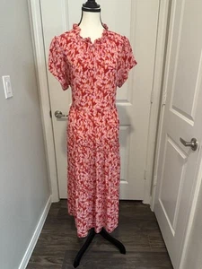 Rungolee Scarlette 100% Silk Red Pink Floral Ruffle Midi Dress Size L Rare - Picture 1 of 7