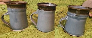 OOAK 3 Handthrown Dusty Blue & Brown Drip Glaze Mugs Great Feel Signed Crazing - Picture 1 of 21