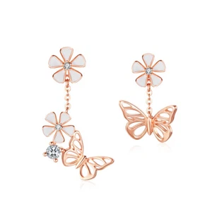 VOROCO Rose Gold Plated 925 Silver White Enamel Dancing Butterfly Earring Stud - Picture 1 of 7