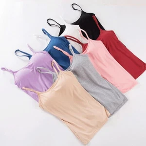 Women Basic Tank Top Long Layering Cami With Built in Shelf Bra Adjustable Strap - Picture 1 of 24