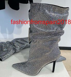 ZARA NEW WOMAN HIGH-HEEL ANKLE BOOTS WITH RHINESTONES SILVER 35-42 1107/010