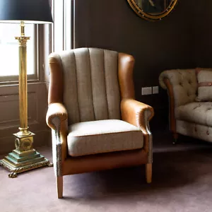 Harris Tweed & Vintage Leather Fluted Wingback Armchair RRP1400 - Picture 1 of 7