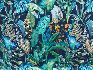 Sapphire Tropical Palm Plants Botanical Velvet Fabric Curtain Upholstery Cushion - Picture 1 of 12