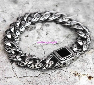 Brazalete de cadena cubana bordillo de piedra negra de 8,5" con acero inoxidable para hombre 14 mm Foto 1 de 4