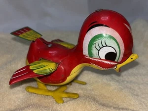 Vintage 1950s Mikuni Japan Tin Litho Windup Hopping Red Bird Toy 4" Tall - Picture 1 of 9