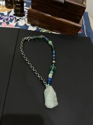 Collar de aguamarina hecho a mano con cadena de plata de ley y cuentas Galss vintage Foto 1 de 4