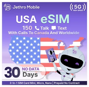 Carte eSIM mobile Jethro 5 $/mois 150 appels et 150 textes forfait téléphone prépayé 1 mois - Photo 1 sur 6