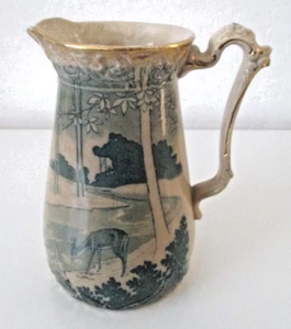 Antique Victorian Yellow Ware 7" Milk Pitcher Teal Green Drinking Deer/Trees AZ7 - Picture 1 of 14