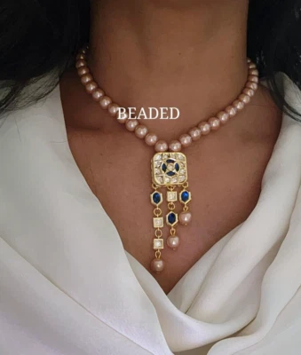 Juego de pendientes collar gargantilla Polki Kundan lámina mala perla concha paquistaní indio Foto 1 de 4