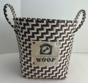 "Woof" Brown and White Full Color Plastic Woven Basket for Storage Dog Toys - Picture 1 of 4