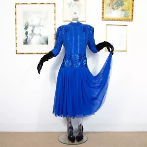 Vintage 1980s Oleg Cassini Blue Beaded Chiffon Dress – Glamorous Evening Gown M - Picture 1 of 10