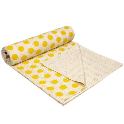 Handmade Yellow Polka Dot Reversible Bedspread Queen Size Indian Cotton kantha - Image 1 of 4