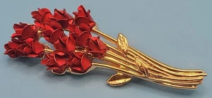 Spilla dichiarazione bouquet rose rosse tono oro DM 97 vintage firmata - Foto 1 di 11