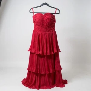 Pink Pleated Tiered Maxi Dress With Ruched Bodice & Lace-Up Back For Women NWOT - Picture 1 of 15