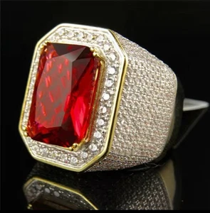 MENS RING GOLD COLOUR CLASSIC VINTAGE LUXURY RED STONE RING CZ PARTY FASHION - Picture 1 of 4