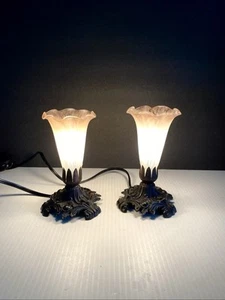 Pair Tiffany Art Nouveau Style Tulip Lily Lamp Light White/Pink Glass Shade Vtg - Picture 1 of 20
