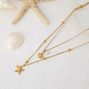 Starfish Seashell Pearl Pendant Necklace Gold Layered Chain Adjustable Ocean UK - Picture 1 of 3
