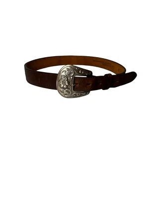 Cinturón Nocona Texas Vintage 1995 Marrón Negro Cuero Talla 30 Plateado Floral Foto 1 de 4