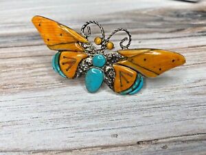 Spiny Oyster Shell and Turquoise Sterling Silver Butterfly Brooch Pin