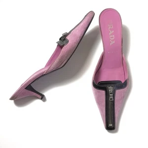 Vintage Prada Pink Suede Y2K Black Zipper Kitten Heels Italy Size 39 90s - Picture 1 of 13