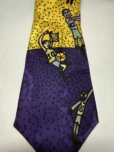 VTG Mallory & Church Silk Tie USA Purple Gold Basketball Player Cartoon Jacquard - Picture 1 of 6