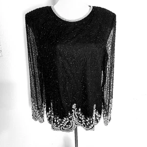 Laurence Kazar Black Formal Blouse with Shiny Sequins, Pearls & Beads, Size XL - Picture 1 of 8