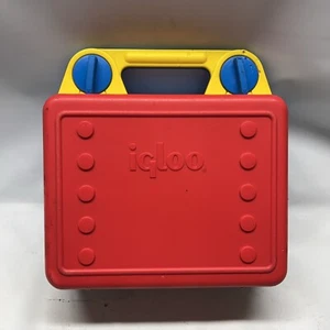 Vintage Iglu Brotdose, Griffverriegelung, rot blau gelb, sauber, massiv - Bild 1 von 5